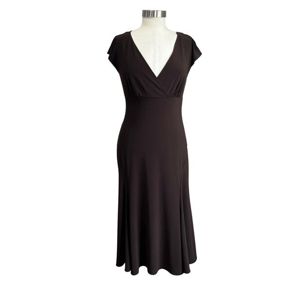 Y2K DressBarn Chocolate Brown Slinky Midi Dress 10 Stretch V Neck Elegant - Picture 1 of 8